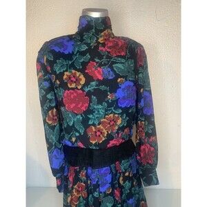 VTG 80s Patty O'Neil Cottagecore Prarie Multi Suede Floral Midi Dress Sz 4